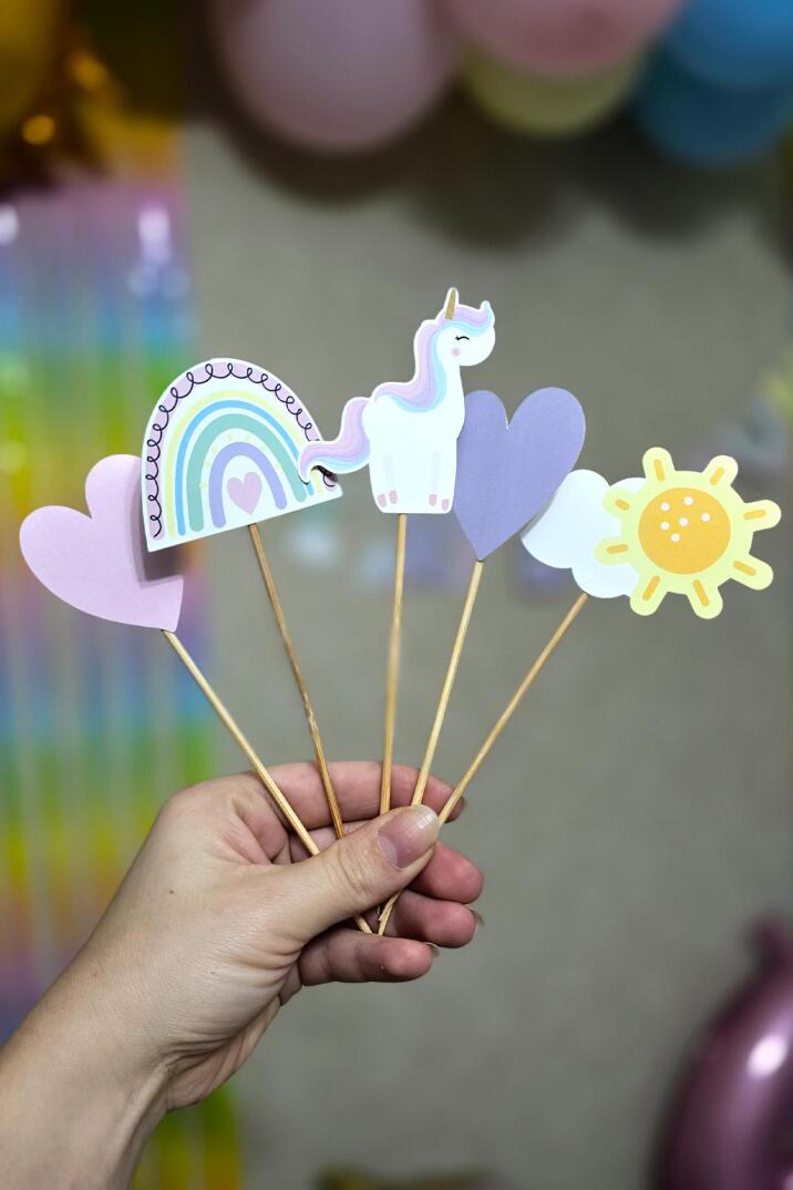 Gökkuşağı Unicorn Tema Kürdan Süsleri Cupcake Süsleri Gökkuşağı Konsept Lüks Büyük Boy 10lu Paket - 1