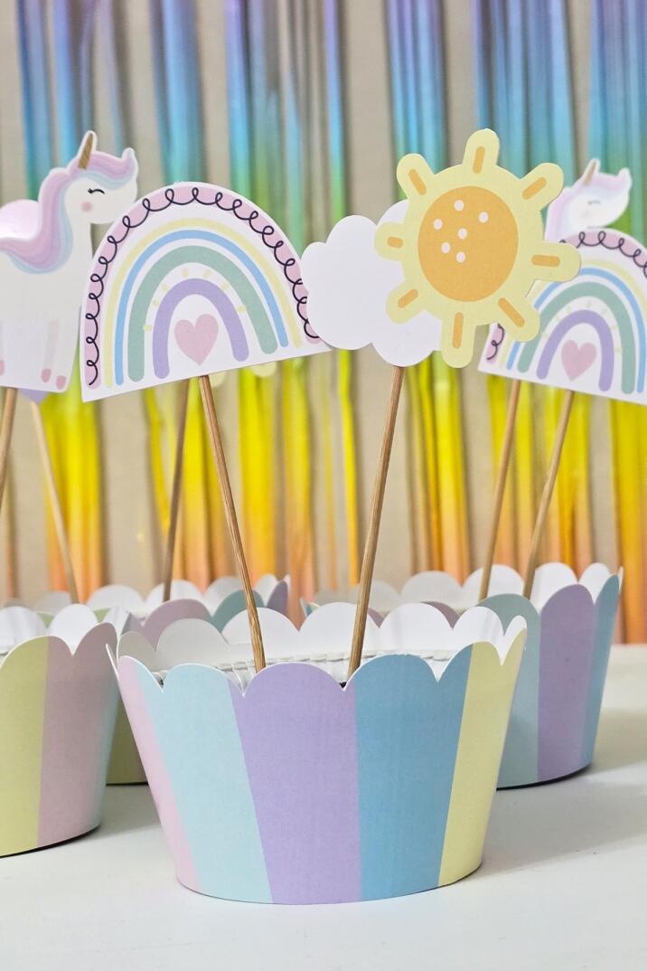 Gökkuşağı Unicorn Tema Kürdan Süsleri Cupcake Süsleri Gökkuşağı Konsept Lüks Büyük Boy 10lu Paket - 3