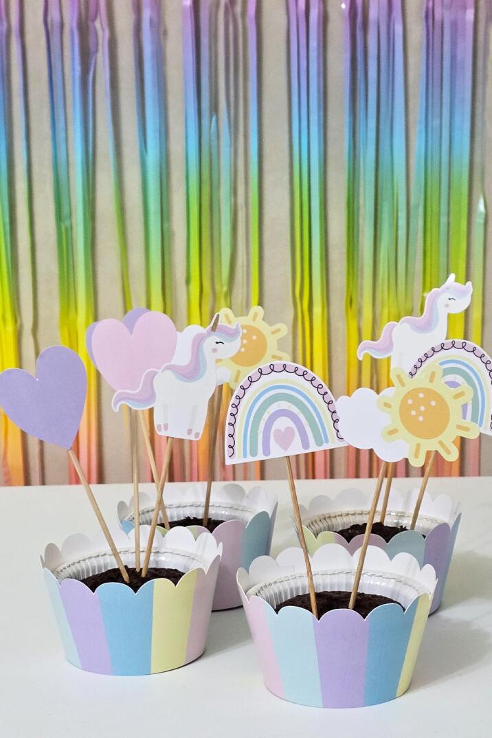 Gökkuşağı Unicorn Tema Kürdan Süsleri Cupcake Süsleri Gökkuşağı Konsept Lüks Büyük Boy 10lu Paket - 4