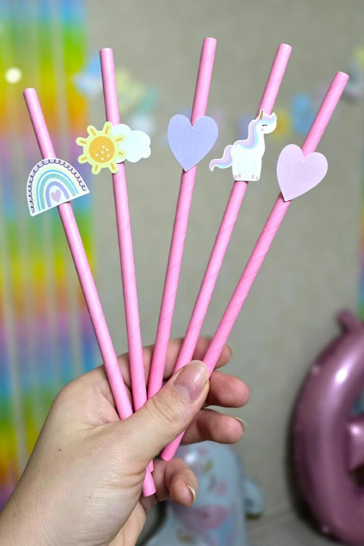 Gökkuşağı Unicorn Tema Pipet Süsleri 10lu Unicorn Konsept Lüks Pipet Paketi - 1
