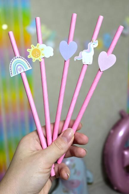 Gökkuşağı Unicorn Tema Pipet Süsleri 10lu Unicorn Konsept Lüks Pipet Paketi
