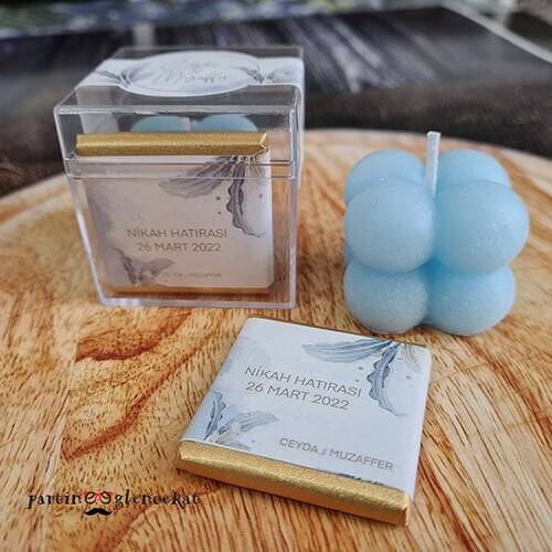 Gold Blue Yapraklı Mika Kutuda Bubble Mum Seti - 1