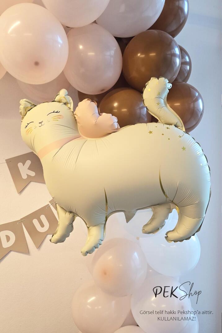 Gold Detaylı Retro Kedi Folyo Balon Ayaklı Retro Beyaz - 1