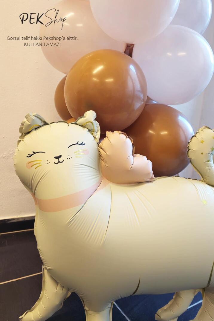 Gold Detaylı Retro Kedi Folyo Balon Ayaklı Retro Beyaz - 5