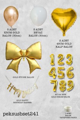 Gold Fiyonk Balonlu Altın Beyaz Tema Gold Bannerlı Doğum Günü Süsleme Balon Seti Set241 - 2