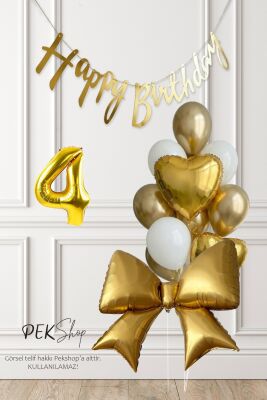 Gold Fiyonk Balonlu Altın Beyaz Tema Gold Bannerlı Doğum Günü Süsleme Balon Seti Set241 - 7