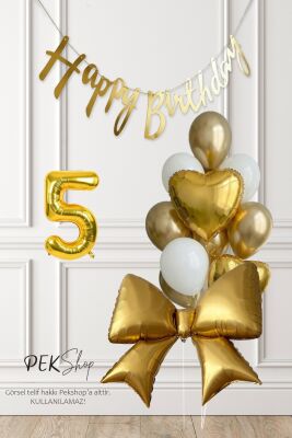Gold Fiyonk Balonlu Altın Beyaz Tema Gold Bannerlı Doğum Günü Süsleme Balon Seti Set241 - 8