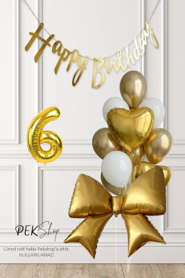 Gold Fiyonk Balonlu Altın Beyaz Tema Gold Bannerlı Doğum Günü Süsleme Balon Seti Set241 - 9
