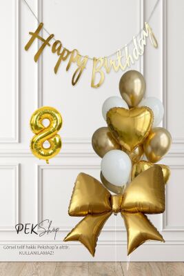 Gold Fiyonk Balonlu Altın Beyaz Tema Gold Bannerlı Doğum Günü Süsleme Balon Seti Set241 - 11
