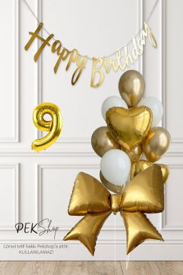 Gold Fiyonk Balonlu Altın Beyaz Tema Gold Bannerlı Doğum Günü Süsleme Balon Seti Set241 - 12