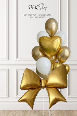 Gold Fiyonk Folyo Balonlu Beyaz Gold Tema Balon Seti Set239 - 1