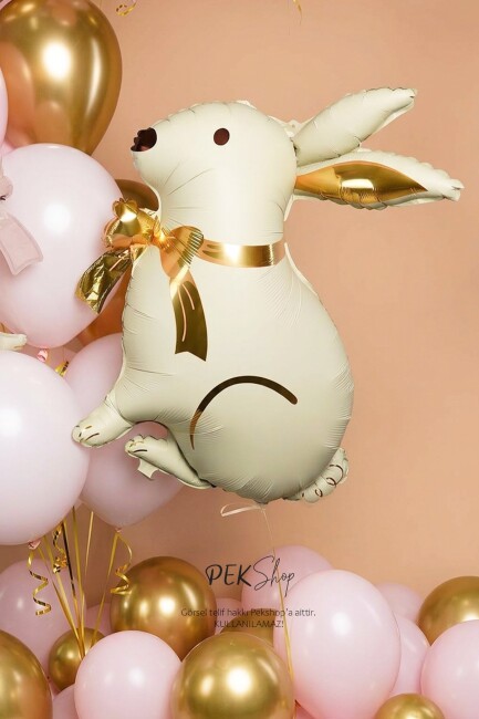 Gold Fiyonklu Krem Tavşan Folyo Balon - 1