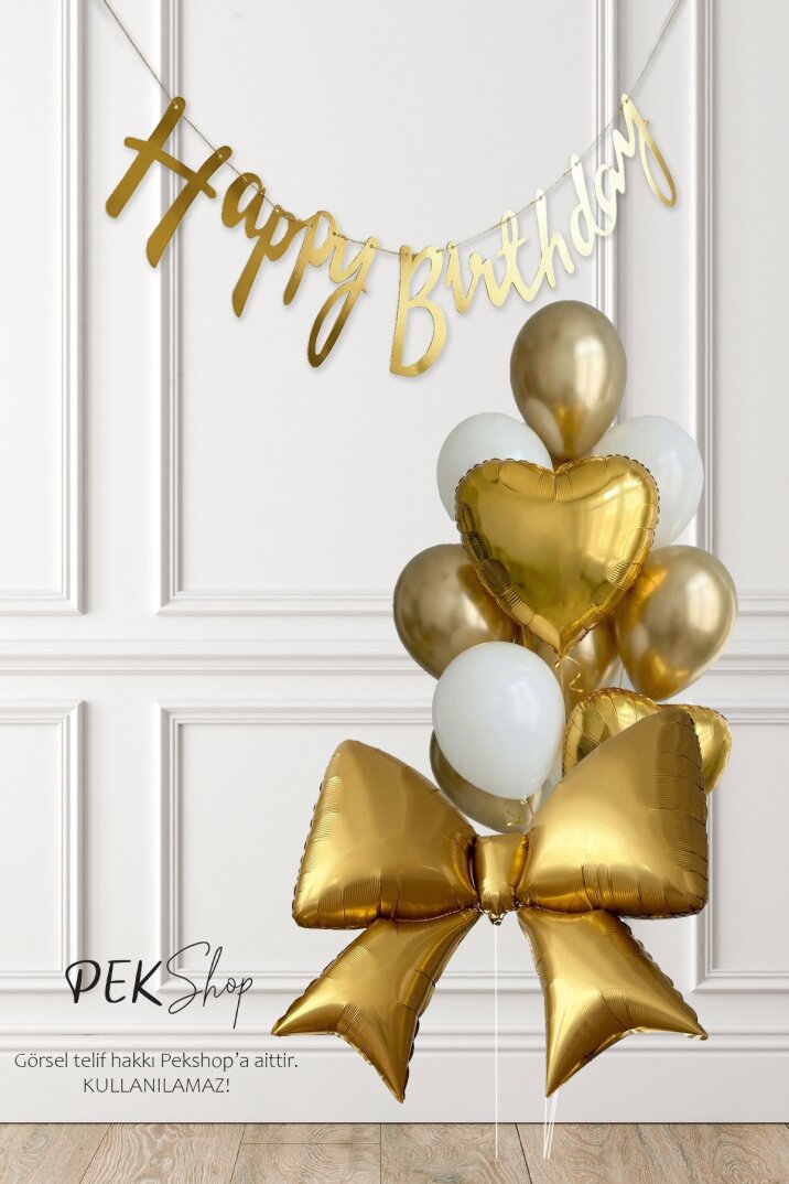 Gold Happy Birthday Banner ve Gold Fiyonk Balon Beyaz Gold Fiyonk Tema Doğum Günü Süsleme Seti Set240 - 1