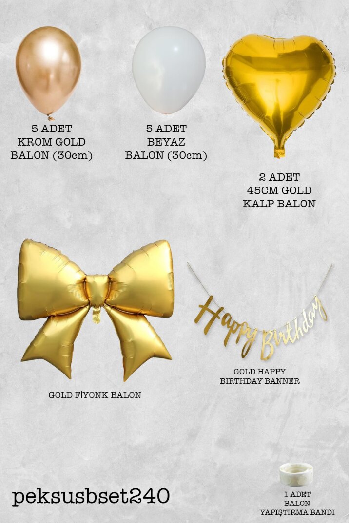 Gold Happy Birthday Banner ve Gold Fiyonk Balon Beyaz Gold Fiyonk Tema Doğum Günü Süsleme Seti Set240 - 2