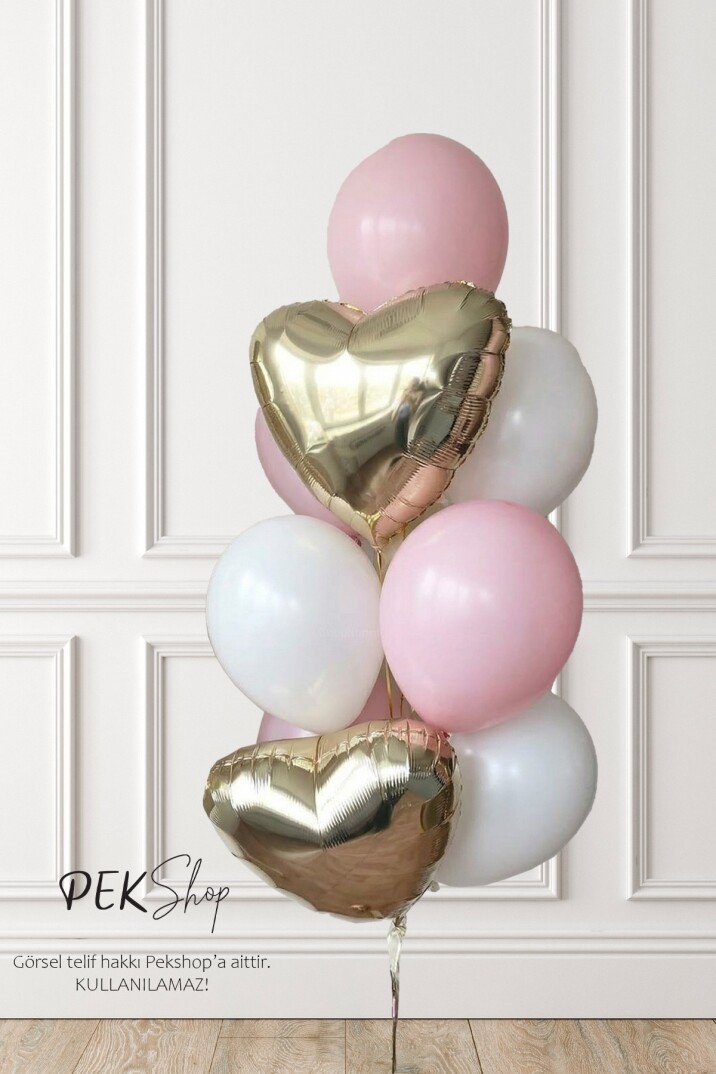 Gold Kalp Pembe ve Beyaz Lateks Balonlar Balon Demeti Set245 - 1