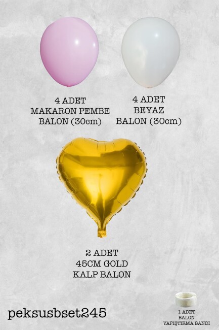 Gold Kalp Pembe ve Beyaz Lateks Balonlar Balon Demeti Set245 - 2
