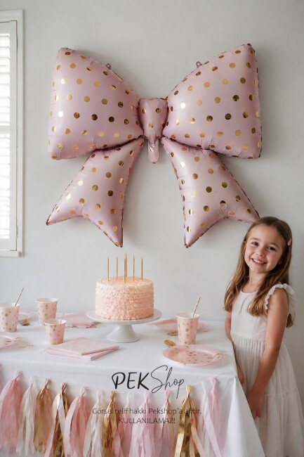 Gold Puantiyeli Pembe Fiyonk Folyo Balon - 1