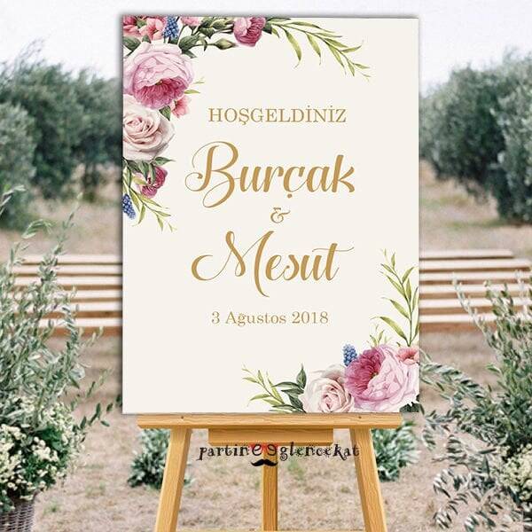 Gold-Romantik Çiçekli Şövaleli Karşılama Panosu - 1