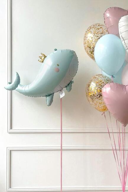 Gold Taçlı Balina Balon Balina Şekilli Folyo Balon 90cm - 2