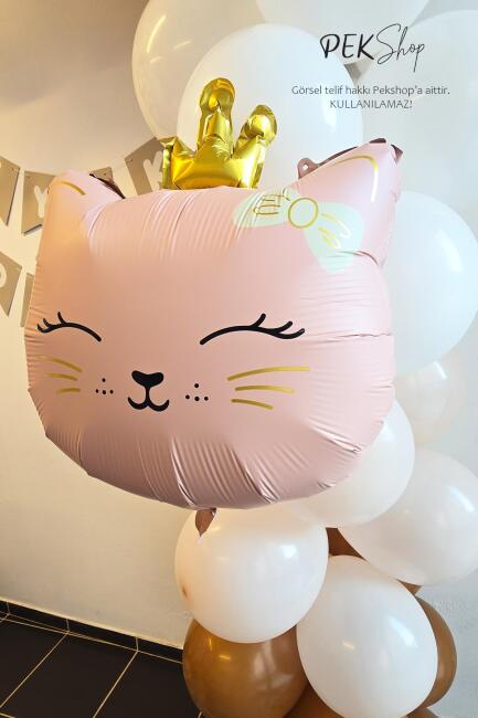 Gold Taçlı Pembe Kedi Folyo Balon - 2