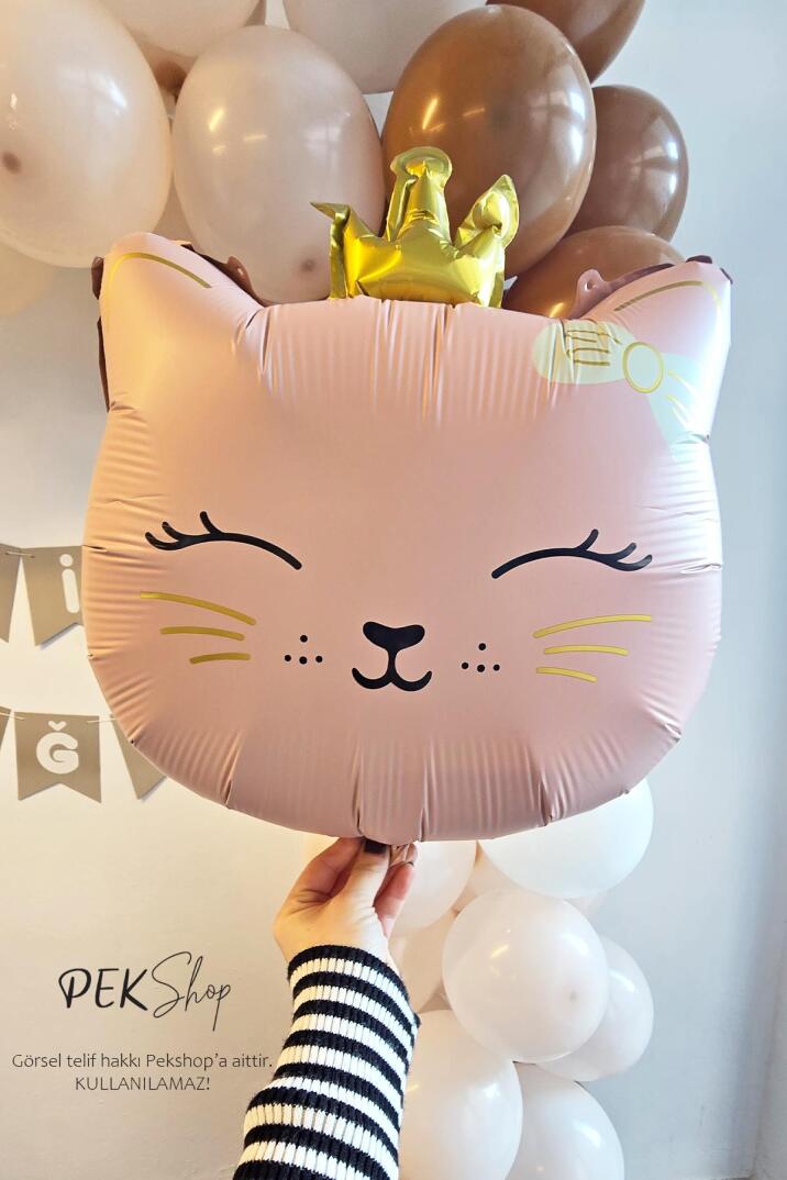 Gold Taçlı Pembe Kedi Folyo Balon - 3