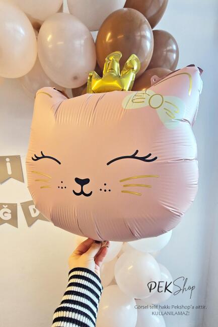 Gold Taçlı Pembe Kedi Folyo Balon - 4