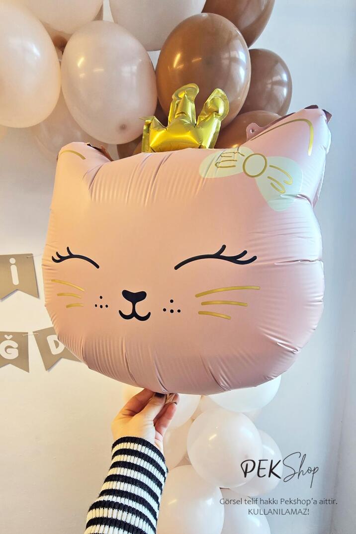Gold Taçlı Pembe Kedi Folyo Balon - 4