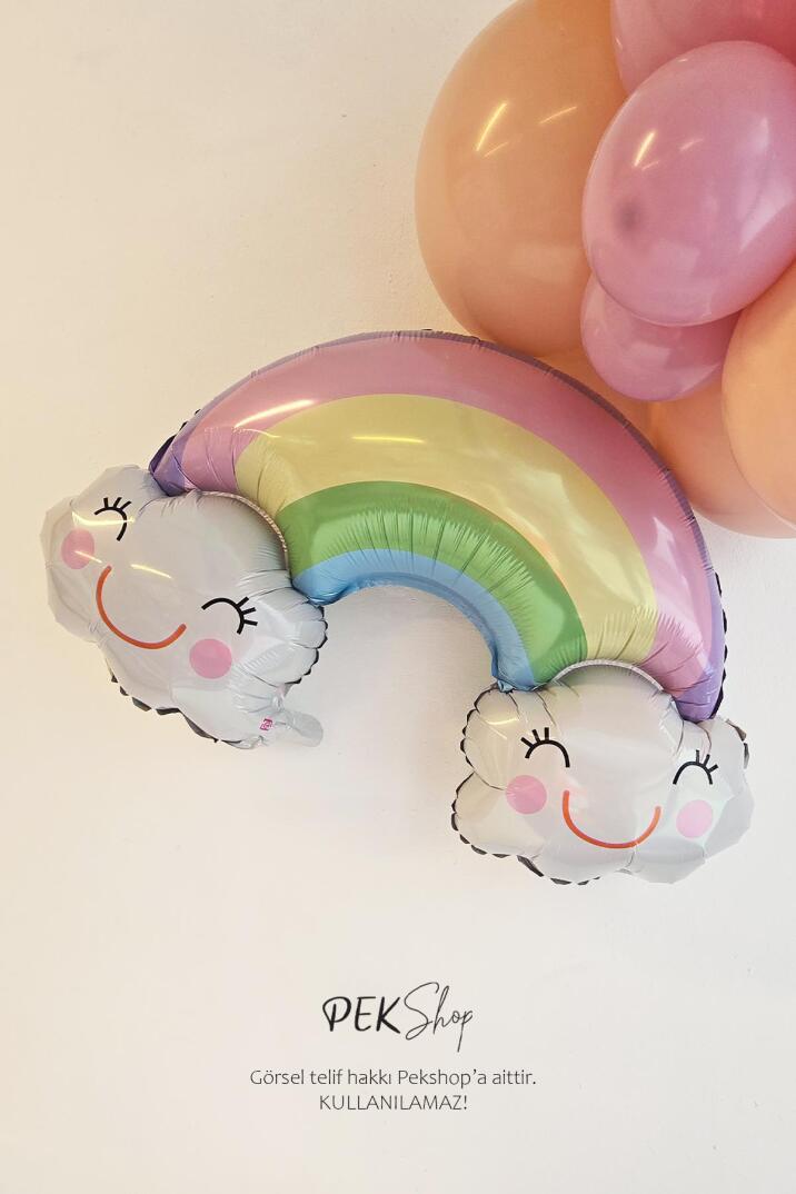Gülümseyen Bulutlu Gökkuşağı Balon Bulutlar ve Gökkuşağı Folyo Balon - 1