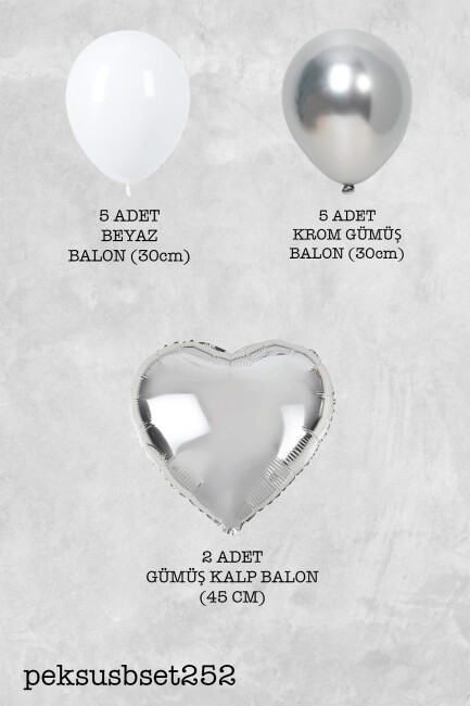 Gümüş Beyaz Balon Demeti Gümüş Kalp Folyo Balonlu Balon Seti Set252 - 2