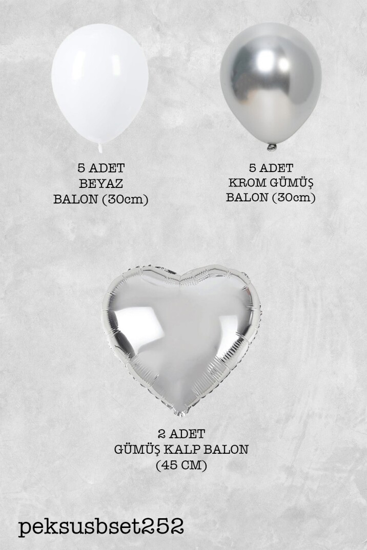 Gümüş Beyaz Balon Demeti Gümüş Kalp Folyo Balonlu Balon Seti Set252 - 2
