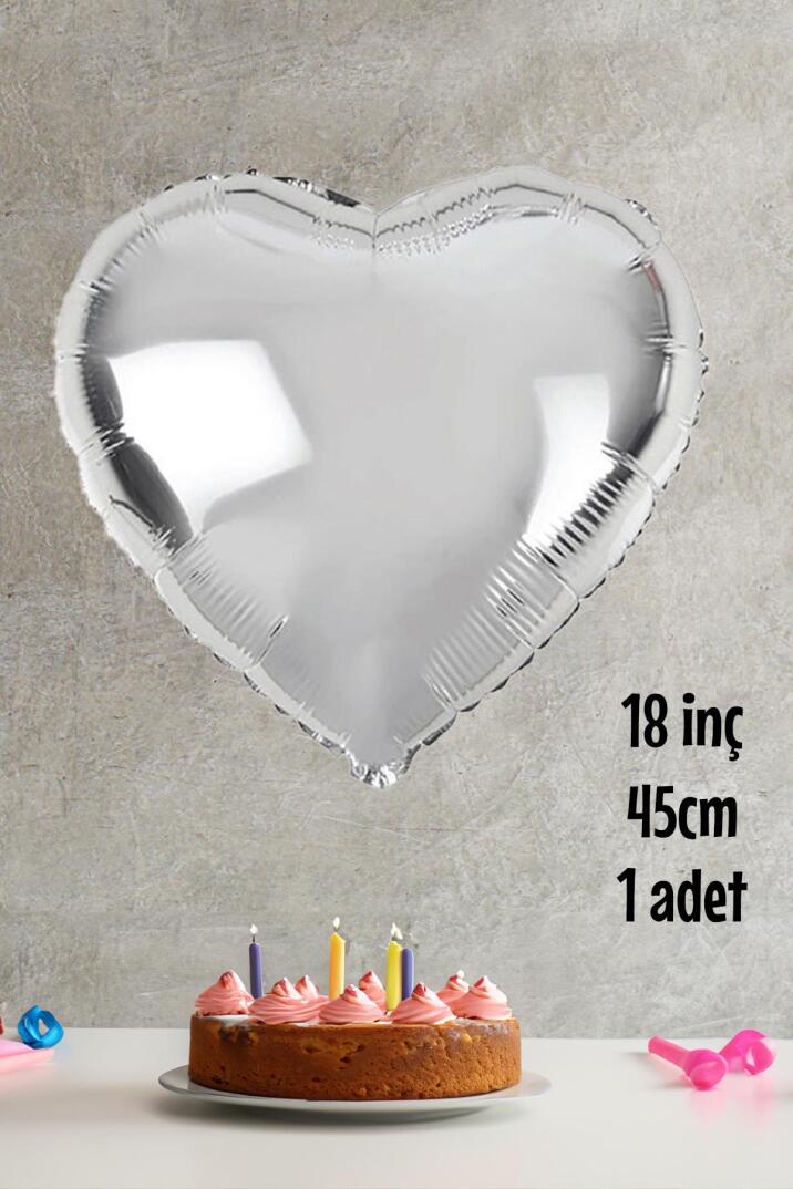 Gümüş Kalp Folyo Balon Parlak Kalp Balon 18" 45cm - 1