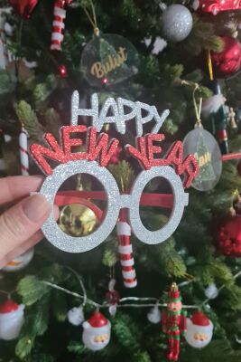 Gümüş Kırmızı Simli Happy New Year Yılbaşı Parti Gözlüğü Yılbaşı Parti Gözlük - 3