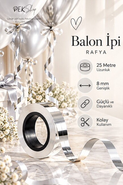 Gümüş Rafya Balon İpi - 25 Metre - 1 Adet Metalik Gümüş