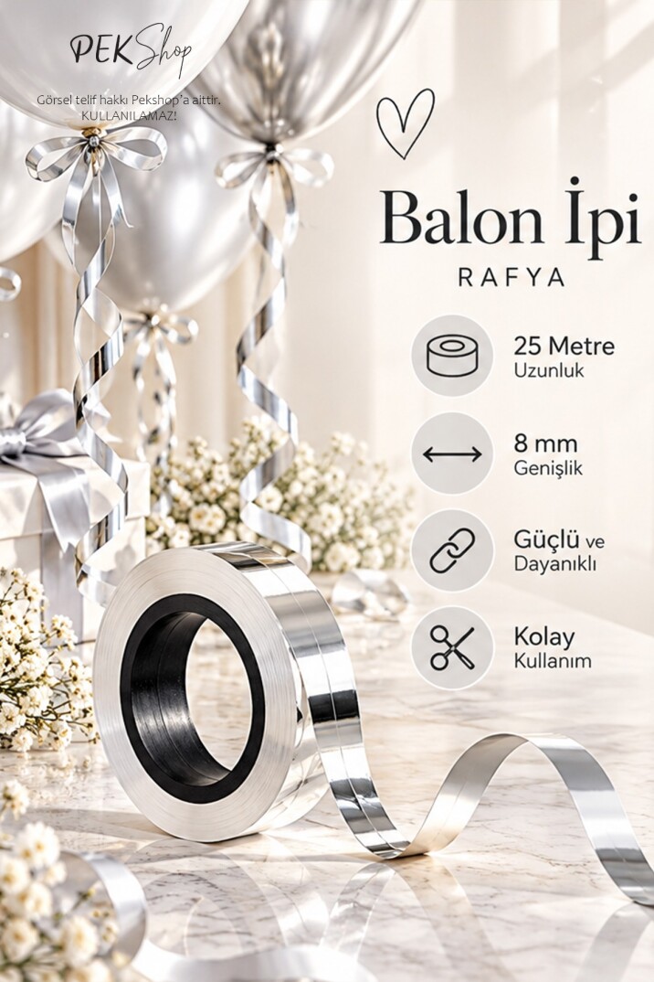 Gümüş Rafya Balon İpi - 25 Metre - 1 Adet Metalik Gümüş - 1