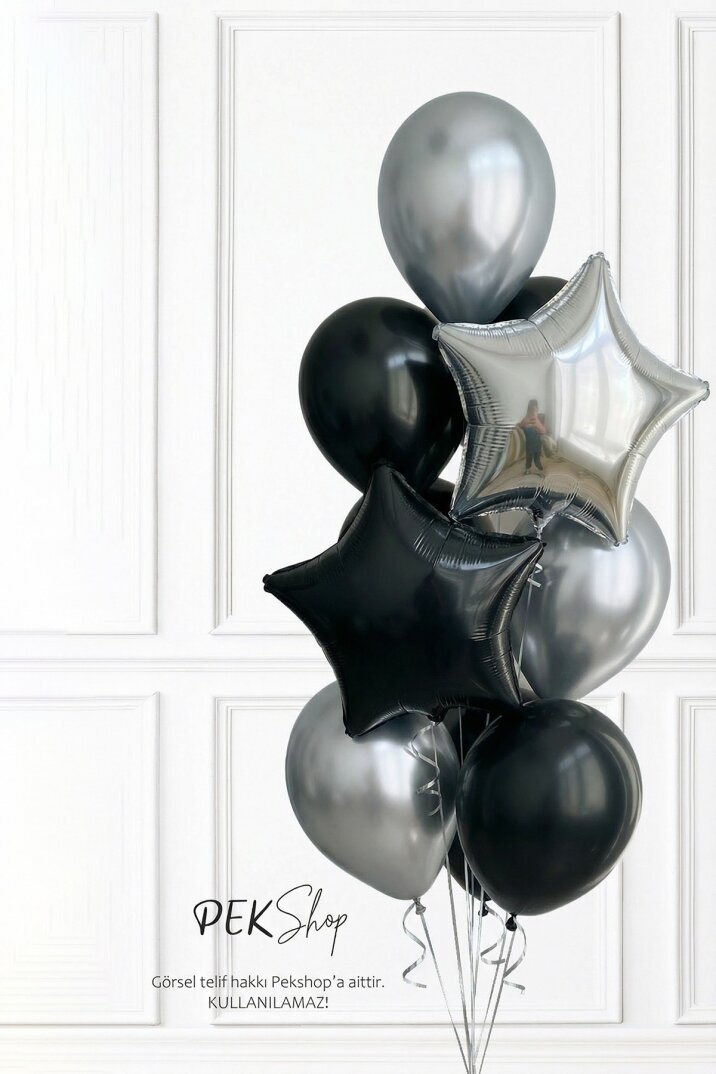 Gümüş Siyah Yıldız Balonlu Balon Demeti Set260 - 1