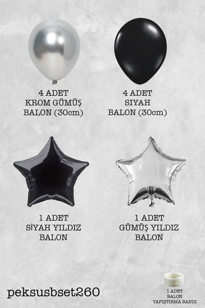 Gümüş Siyah Yıldız Balonlu Balon Demeti Set260 - 2