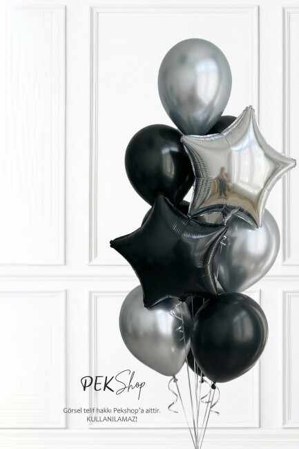 Gümüş Siyah Yıldız Balonlu Balon Demeti Set260