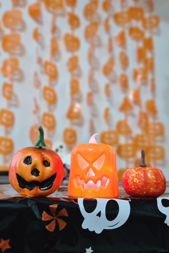 Halloween 3 lü Bal Kabağı Süs Seti Işıklı Balkabağı Mum Gülen Balkabağı Figür ve Küçük Balkabağı Figür - 1