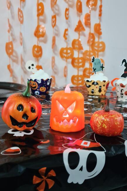 Halloween 3 lü Bal Kabağı Süs Seti Işıklı Balkabağı Mum Gülen Balkabağı Figür ve Küçük Balkabağı Figür - 2