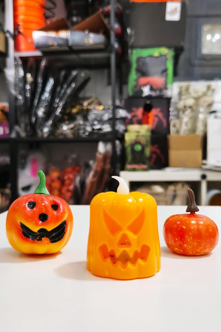 Halloween 3 lü Bal Kabağı Süs Seti Işıklı Balkabağı Mum Gülen Balkabağı Figür ve Küçük Balkabağı Figür - 4