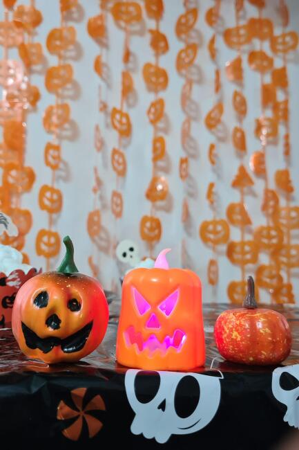 Halloween 3 lü Bal Kabağı Süs Seti Işıklı Balkabağı Mum Gülen Balkabağı Figür ve Küçük Balkabağı Figür - 5