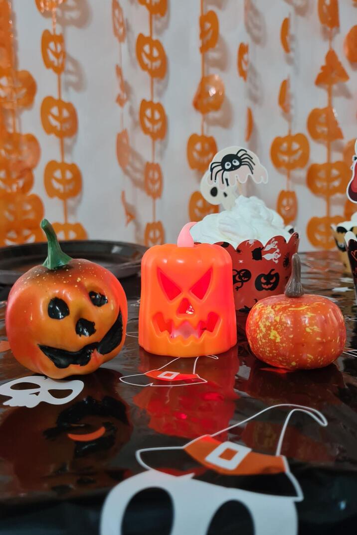 Halloween 3 lü Bal Kabağı Süs Seti Işıklı Balkabağı Mum Gülen Balkabağı Figür ve Küçük Balkabağı Figür - 6