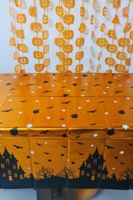 Halloween Masa Örtüsü Parlak Turuncu Cadılar Bayramı Desenli Masa Örtüsü Büyük Boy 135x180cm - 1