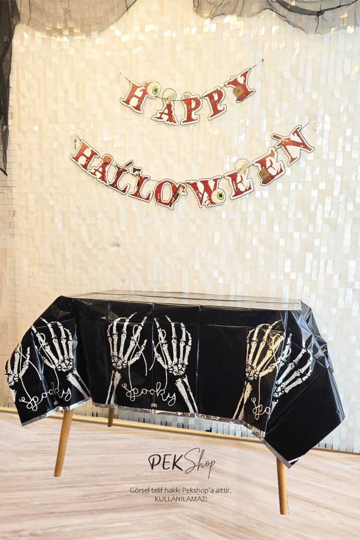 Halloween Masa Örtüsü Siyah İskelet Eller Spooky Masa Örtüsü Cadılar Bayramı Desenli Büyük Boy 135x180cm - 1
