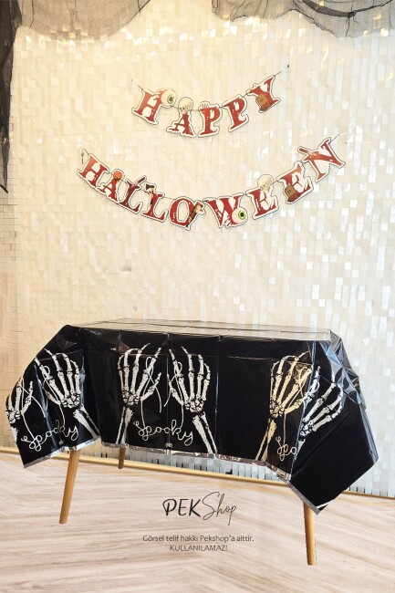 Halloween Masa Örtüsü Siyah İskelet Eller Spooky Masa Örtüsü Cadılar Bayramı Desenli Büyük Boy 135x180cm