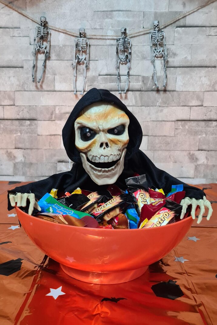 Halloween Sesli Hareketli Şekerlik İskelet Şeker Kovası Hareket Sensörlü Hareketli Sesli Şekerlik - 1