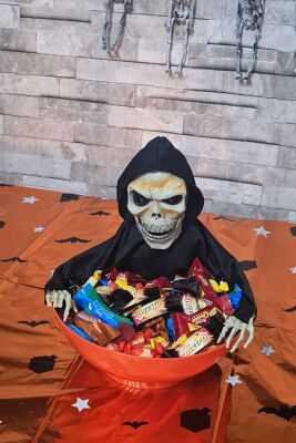 Halloween Sesli Hareketli Şekerlik İskelet Şeker Kovası Hareket Sensörlü Hareketli Sesli Şekerlik - 2