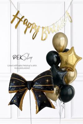 Happy Birthday Bannerlı Siyah Gold Fiyonk Folyo Balonlu Gold ve Siyah Tema Doğum Günü Balon Seti - 1