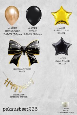 Happy Birthday Bannerlı Siyah Gold Fiyonk Folyo Balonlu Gold ve Siyah Tema Doğum Günü Balon Seti - 2