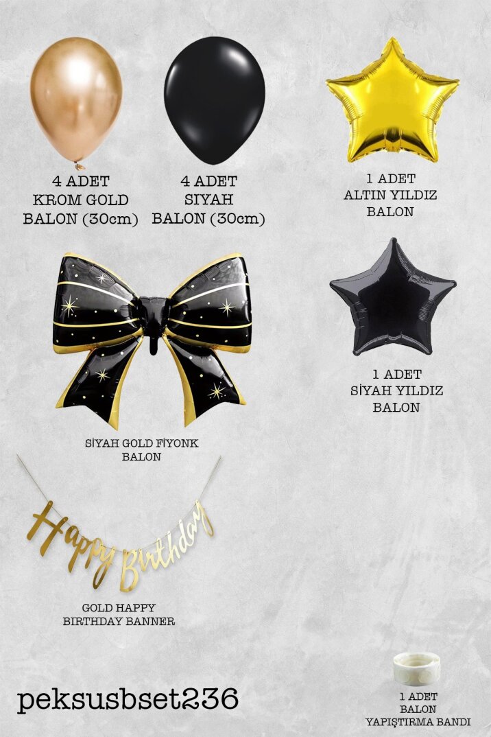 Happy Birthday Bannerlı Siyah Gold Fiyonk Folyo Balonlu Gold ve Siyah Tema Doğum Günü Balon Seti - 2